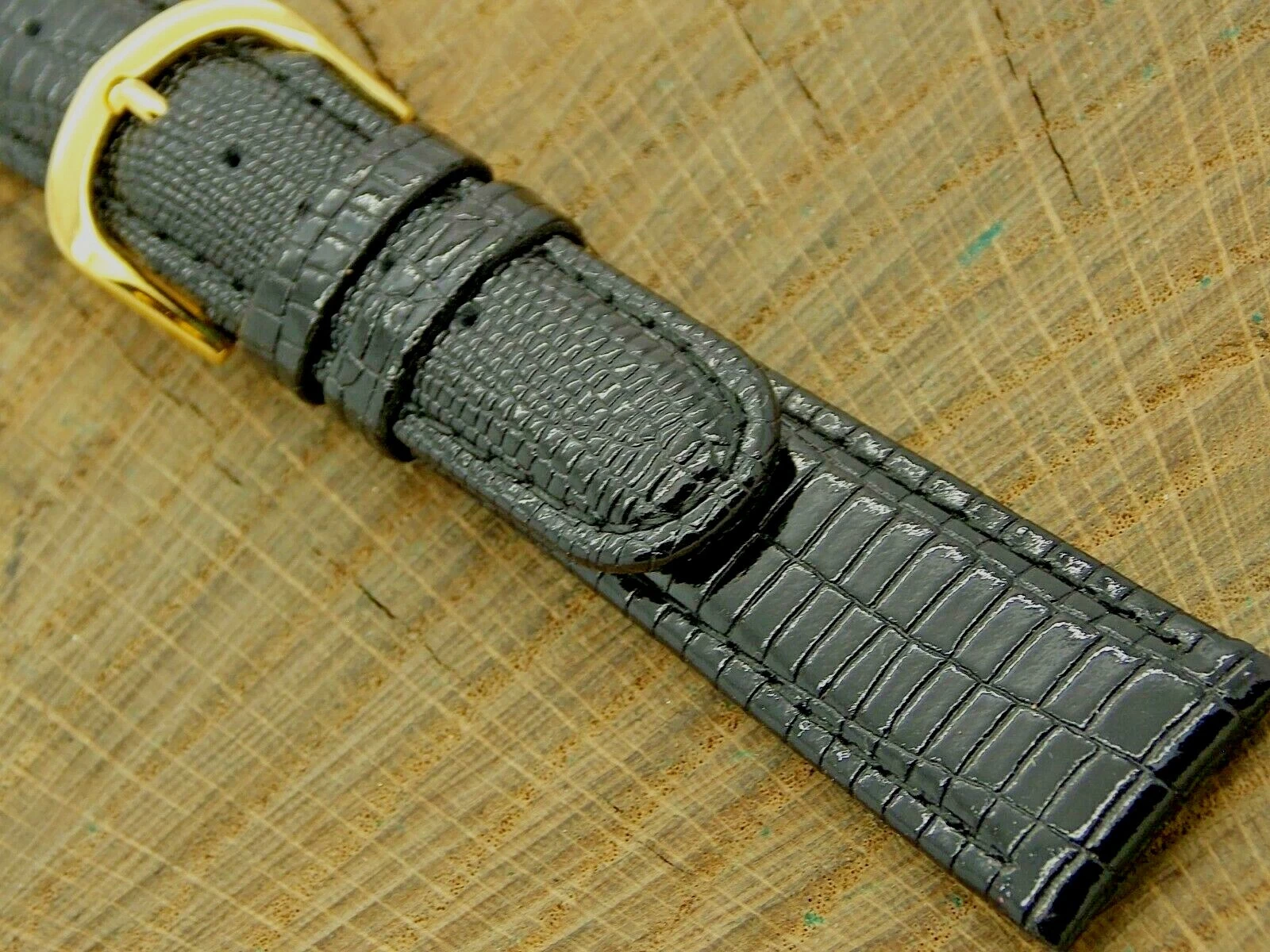 Com-Fit Vintage Unused NOS Black Teju Grain Watch Band w Gold Tone Buckle 20mm