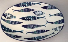 Papart Seramic  Oval Serving Dish Blue Fish 14" L x 9 3/8" W x 2 3/4” D