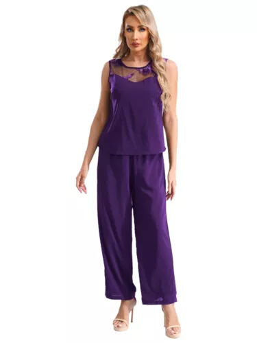 Womens 3 Piece Chiffon Pant Suits Tank Top Cardigan and Pants Evening Outfits - Picture 21 of 95