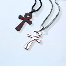 Titanium Steel Baseball Ankara Cross Pendant Black / Steel Color Men's Necklace