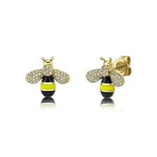 Diamond Yellow Black Enamel Bee Earrings 14K Yellow Gold Stud 0.18CT Natural