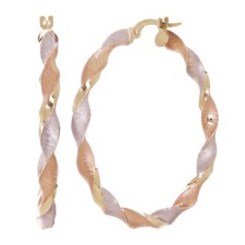 Italian 14k Tri-Color Gold Hollow Satin Twisted Hoop Earrings 1.5" 3mm 2.8 grams