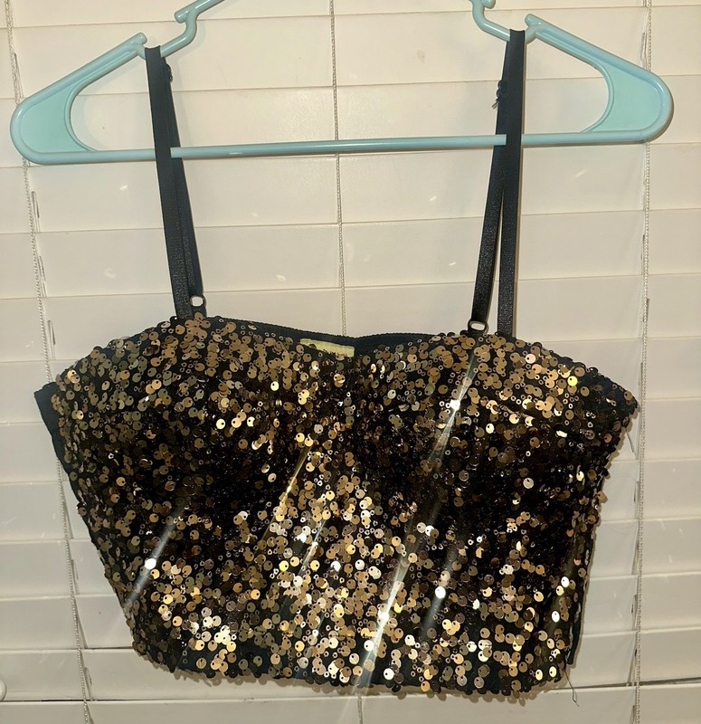 Wildcat Black/Gold Sequin Sleeveless Bustier Top Zip Closure Sz M