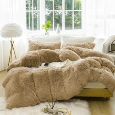 Plush Shaggy Longfur Duvet Cover Set Luxury Ultra Soft Khaki Beige Queen