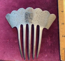 SHIEBLER  STERLING SILVER HAIR COMB HAND ETCHED PATTERN GREAT SHAPE SUPER PIECE