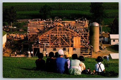 Ohio OH Farmerstown Amish Community Barn Raising 4x6 Postcard, A31