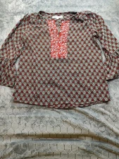 Loft Womens Floral Print Bell Sleeve Blouse XS 100% Polyester Red & Black