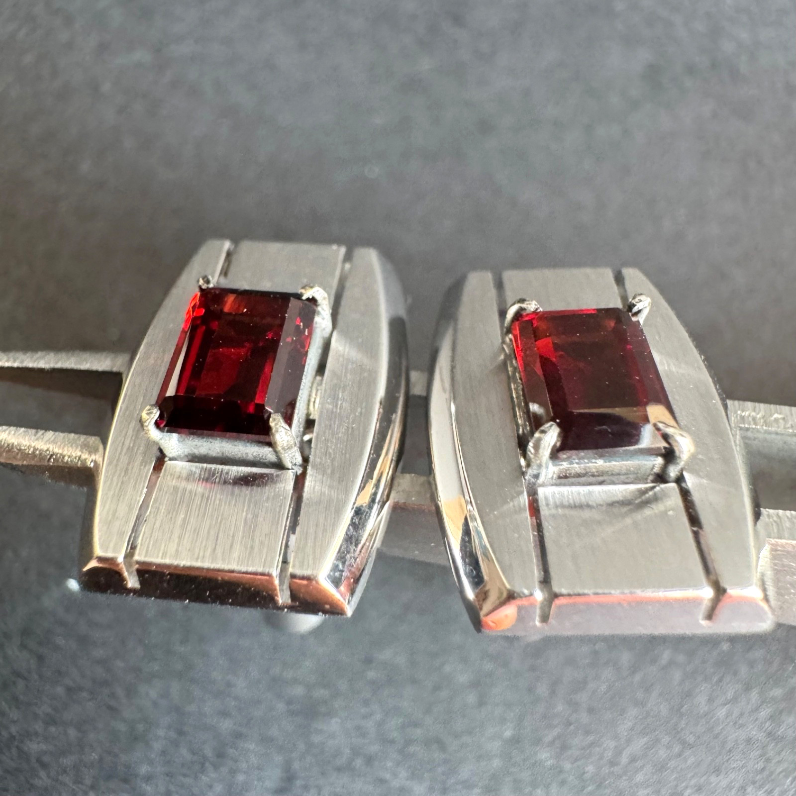 Vintage Silver Garnet Cufflinks Rectangular Red S… - image 3
