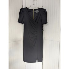 DKNY Black Sheath Dress 4 Ruched V Neck Puff Sleeve Work Cocktail