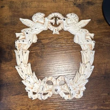 Vtg Victorian Style Cream Cast Iron Wreath Angel Cherub Shabby Chic Christmas