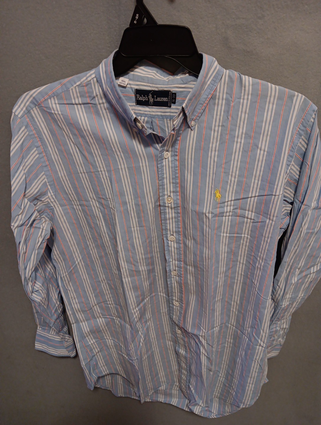 Ralph Lauren camicia uomo 16 32 33 vintage blu a righe cotone pesante giallo pony