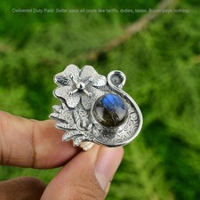 925 Sterling Silver Natural Labradorite Unique Multi Stone Bezel Flower New Ring