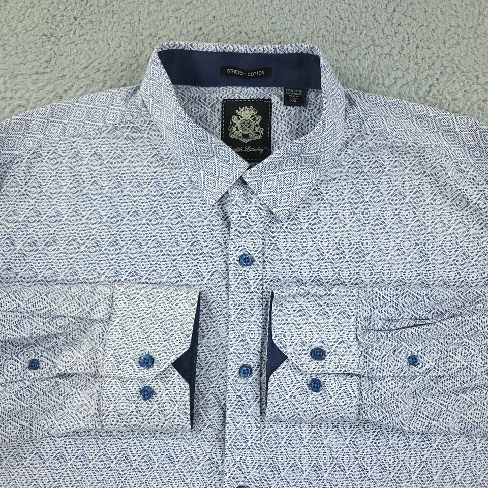 英式洗衣衬衫男式 2XL 蓝色白色几何弹力棉长袖 — 第 2/4 张图片