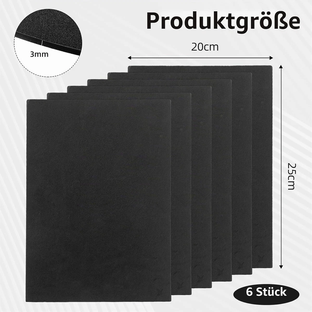 Selbstklebende Schaumstoffplatte EVA Moosgummi – 6 Stück, Schwarz, 25x20 cm, 3mm