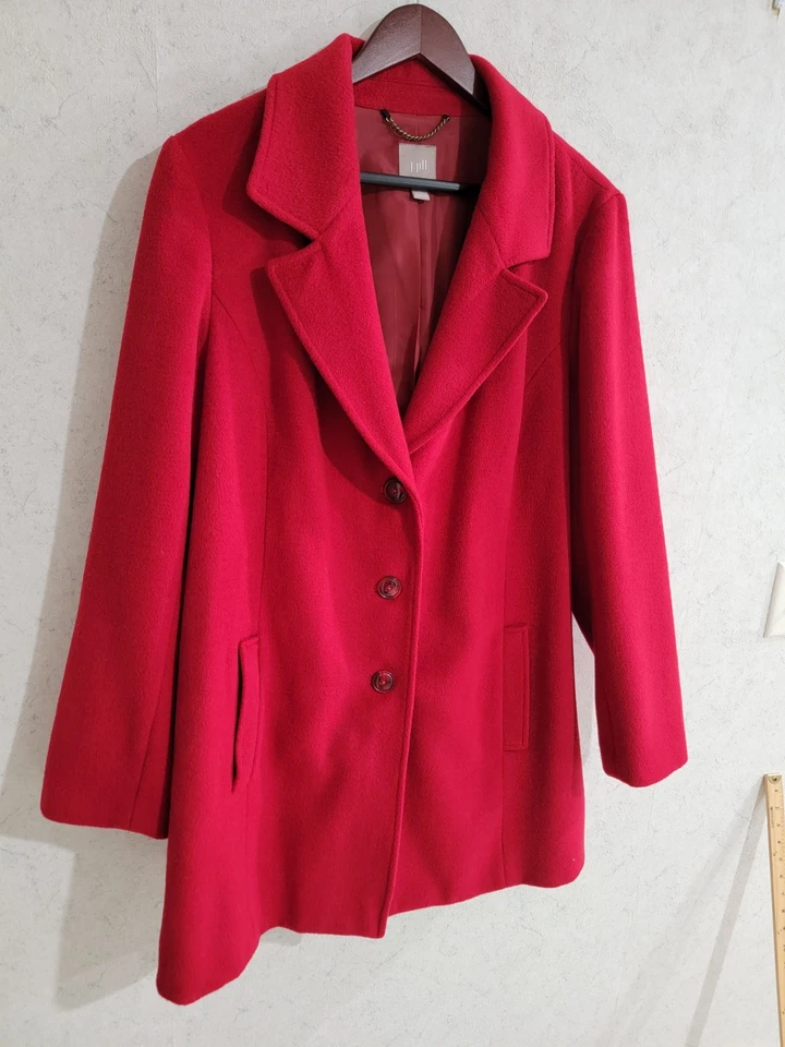 Casaco feminino J Jill lã ervilha tamanho XL cereja vermelho bolsos botão outono inverno forrado - Imagem 2 de 4