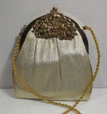 50s Vintage Gold Lame Jeweled Evening Bag Harry Levine HL USA Purse Kiss Clasp