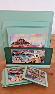 Gorgeous 1930s 50s? table mats/coasters set George Hann artist in stand