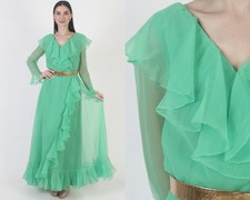 Vtg Green Chiffon Dress Cocktail Party Disco Sexy Grecian Goddess Lounge Maxi
