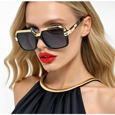 Oversized Square Sunglasses Black Gold Frame Gradient Lens Womens Aviator Fancy