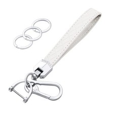 Leather Wristlet Keychain,Car Key Chain Wrist Keychain with 3 Key Ring White