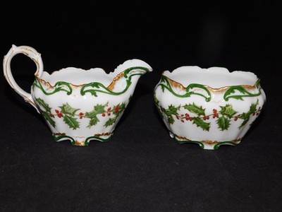 ANTIQUE T&V LIMOGES FRANCE HOLLY RED BERRY CREAMER & SUGAR