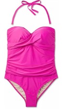 Women's Full Coverage Tummy Control Twist-Front One Piece Swimsuit PINK 48 NWT