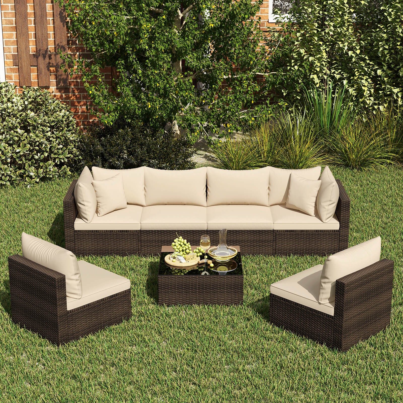 Patiojoy 7PCS Patio Rattan Furniture Set Sectional Sofa Cushioned Garden Beige