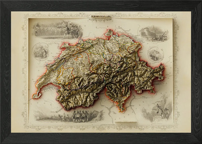 3D Relief Map of 1851 Switzerland Framed Wall Art Poster Canvas Print Picture