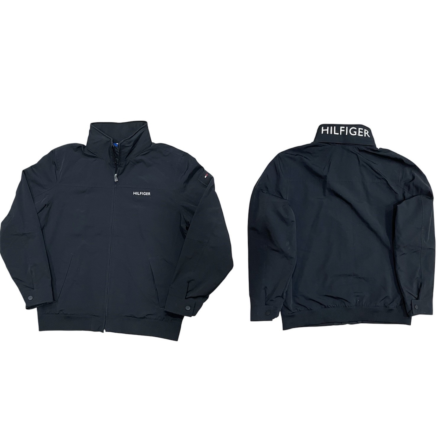 TOMMY HILFIGER Mens L Black Windbreaker Jacket Spellout Stowaway Hood Full Zip