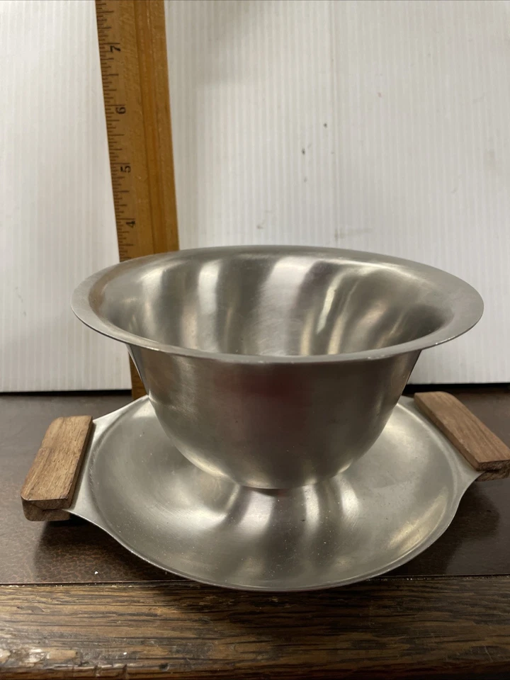 Salsa de acero inoxidable vintage con plato de goteo asas de madera 18-8 Japón Foto 2 de 4