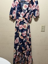 Old Navy Navy Pink Floral Wrap Dress Hi-Low Ruffle Puff Short Sleeve L