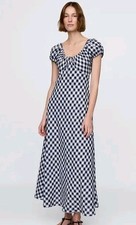 NWT Gap x Doen Gingham Plaid 100% Linen Midi Dress Sz XXS Navy Blue RARE! $138