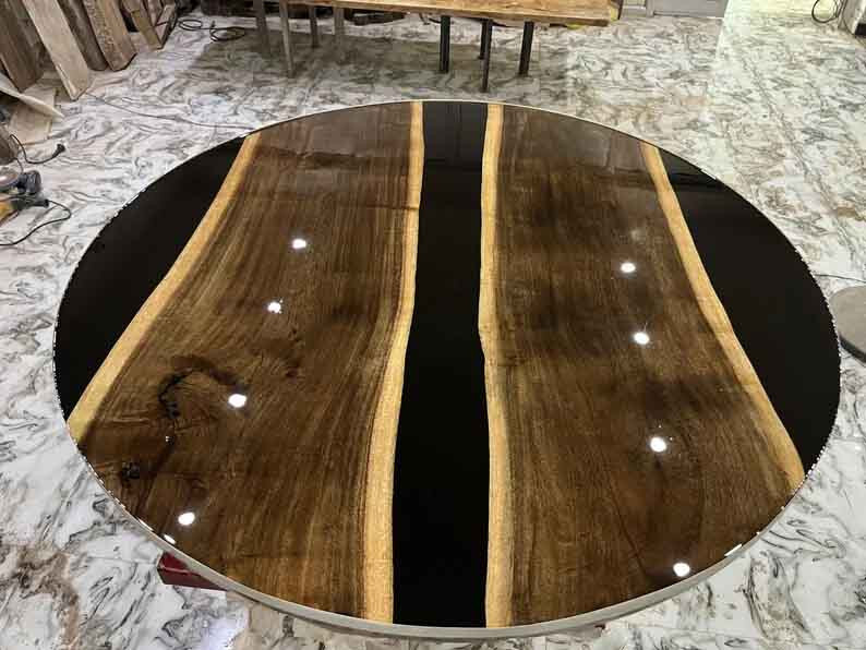 Black Epoxy Resin Coffee Dining Table Top, Round Wooden River Table Top, Decor