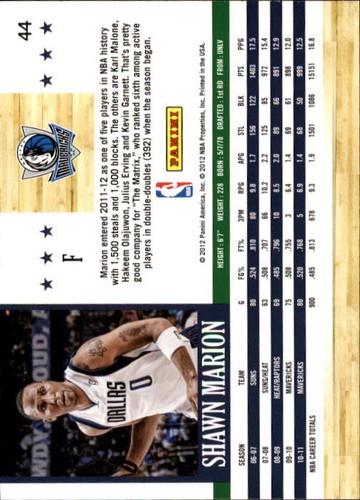 2011-12 Hoops Dallas Mavericks Basketball Card #44 Shawn Marion - Picture 2 of 2
