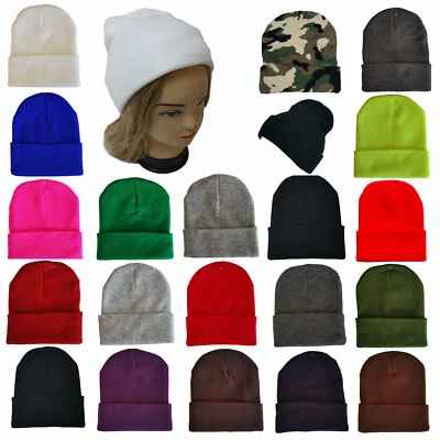 Qualité Premium Bonnet Tricot Couleur Unie Manchette Stretch Chapeau Homme Femme - Photo 1/4