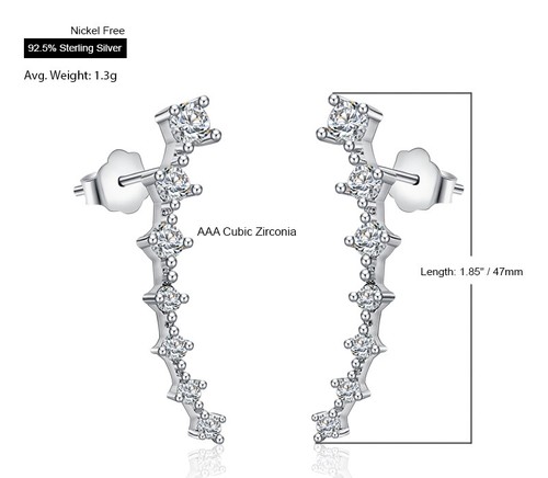 Solid 925 Sterling Silver Clear CZ Stud Ear Crawler Climber Earrings Women's - Picture 2 of 6