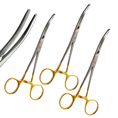 3PK Carmalt Tissue Clamps 6.25'', Artery & Tissue Forceps - Gold, Curv. Stainless