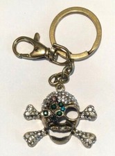 Skull Crossbones Keychain Multi Color Rhinestone Bronze Tone Metal Bling 6