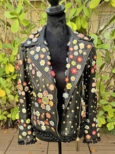 Moschino Spring 2010 Biker Black Leather Jacket Grommet Flowers Appliqué 40 It