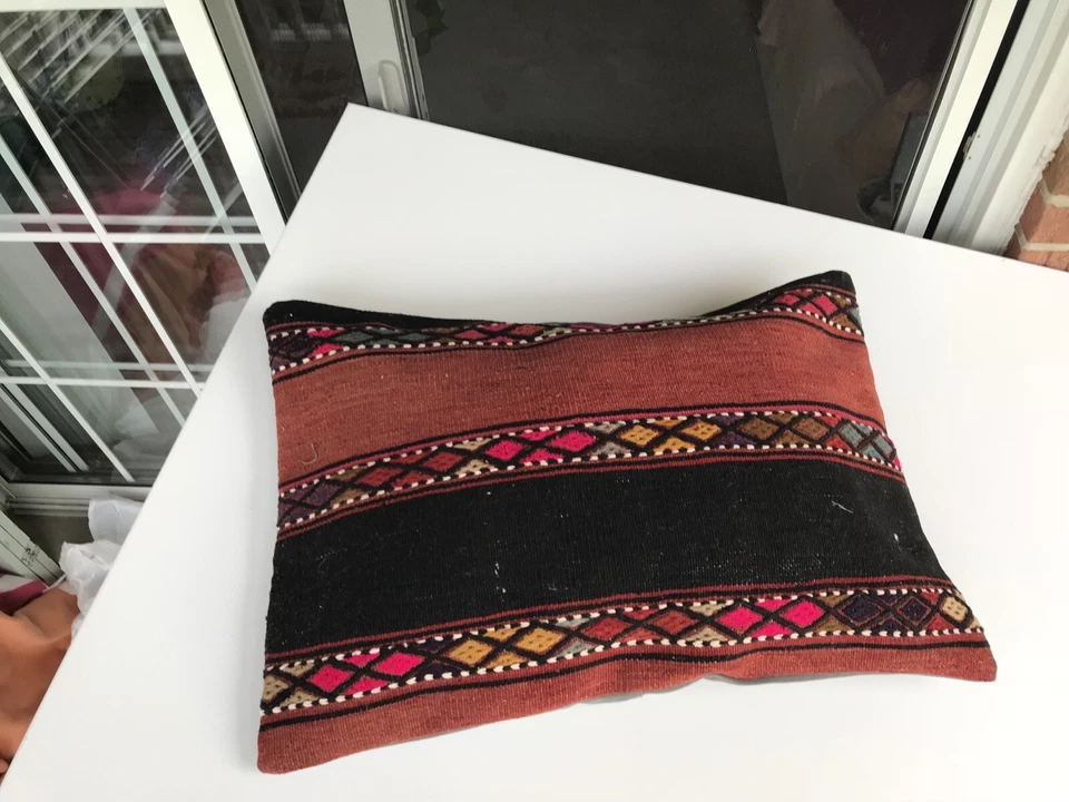 Alfombra Kilim Funda Almohada 25x17" Almohada-Almohada Decorativa-Almohada Tejida Foto 3 de 4