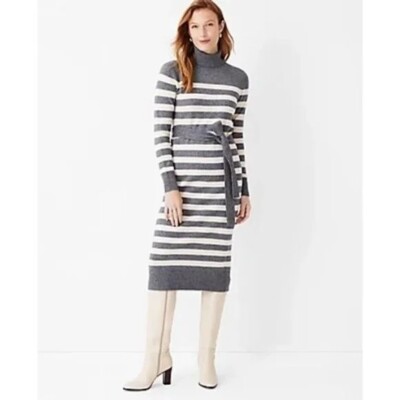 NWOT Ann Taylor Designer STRIPE BELTED TURTLENECK SWEATER KNIT MIDI DRESS  XS