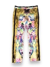 ROBERTO CAVALLI Silk Straight Leg Pants Floral Feather Multicolor sz 46 US 10