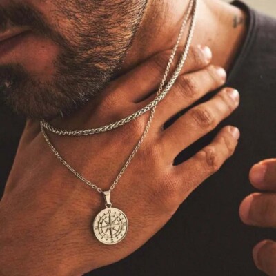 Men's Multilayer Necklace Nautical Compass Pendant Necklace, Holiday Gift  Men