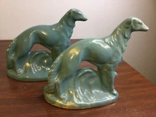 PAIR of ROSEMEADE Pottery Wolfhound Borzoi Dog SCULPTURES FIGURINES BOOKEND Blue