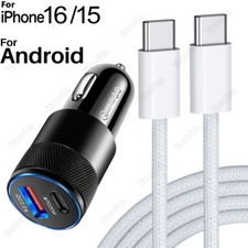 USB C To USB C Nylon Cable 38W Fast Charger Car Adapter For iPhone 15 16 Samsung