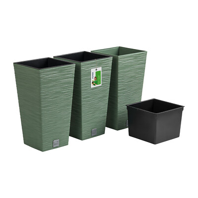 Prosperplast Furu Pflanzkübel Set 3er, Hoher Grüner Blumentopf, 38cm Quadrat