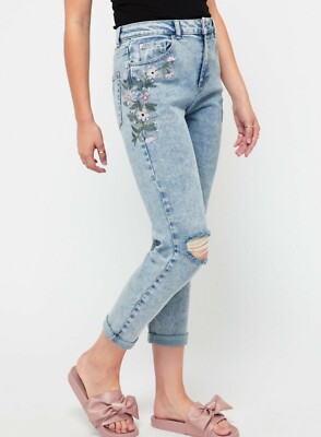 Miss Selfridge MOM Bleach Embroidered High Waist Slim Fit Blue
