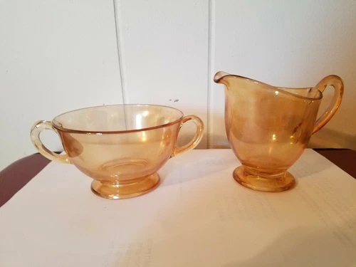 Vintage Yellow/Tan Depression Glass Cream And Sugar w/Handles