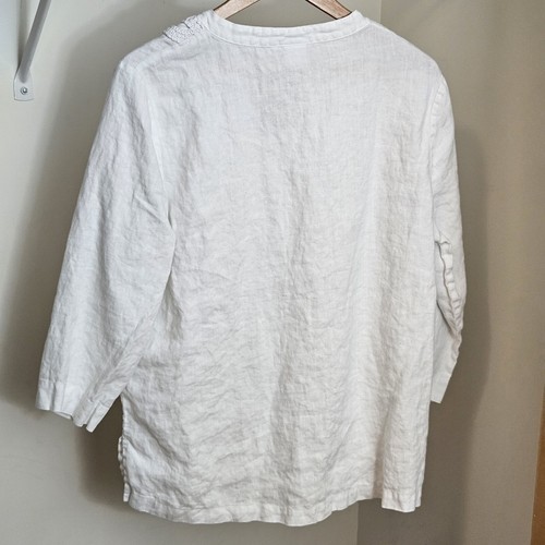 HOT COTTON Womens XL 3/4 Sleeve V Neck Linen Shirt White Crochet Lace - Picture 3 of 6