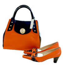 Women's Leather Orange And Black Handbag And Heels Set - Matching Purse And Shoe